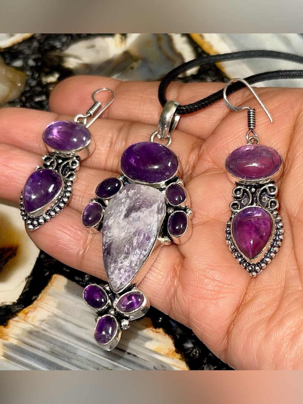 Raw & Polished Set of Chevron Amethyst Pendant & Earrings